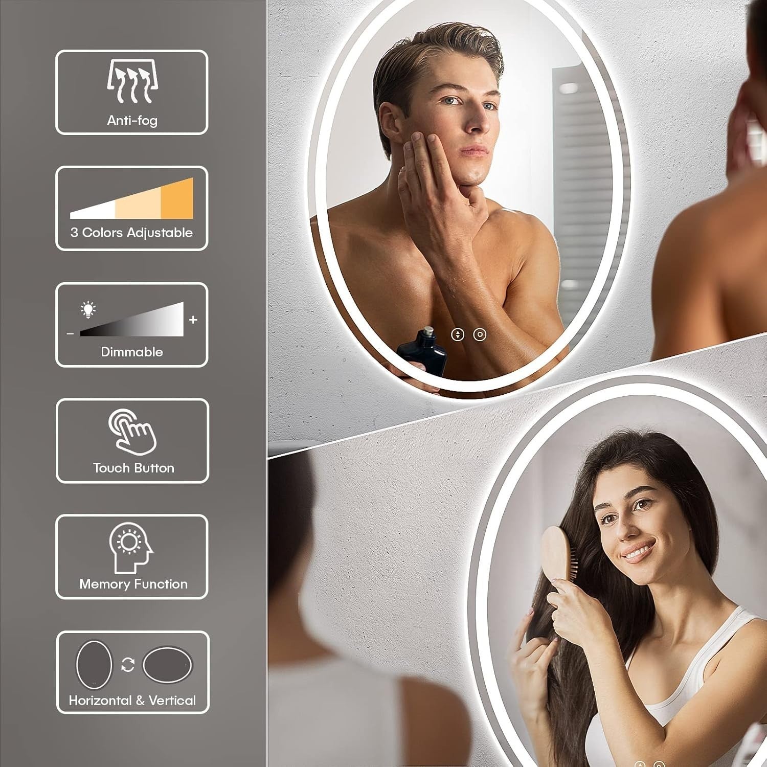 Oval LED Bathroom Mirror 80x60 cm, Anti-Fog, Dimmable 3-Color Light