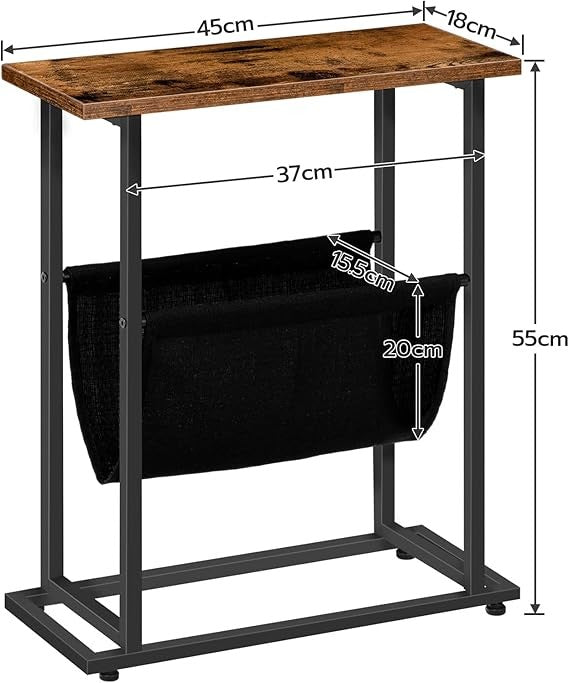 Slim Side Table for Small Spaces with Magazine Holder, Rustic Brown Narrow