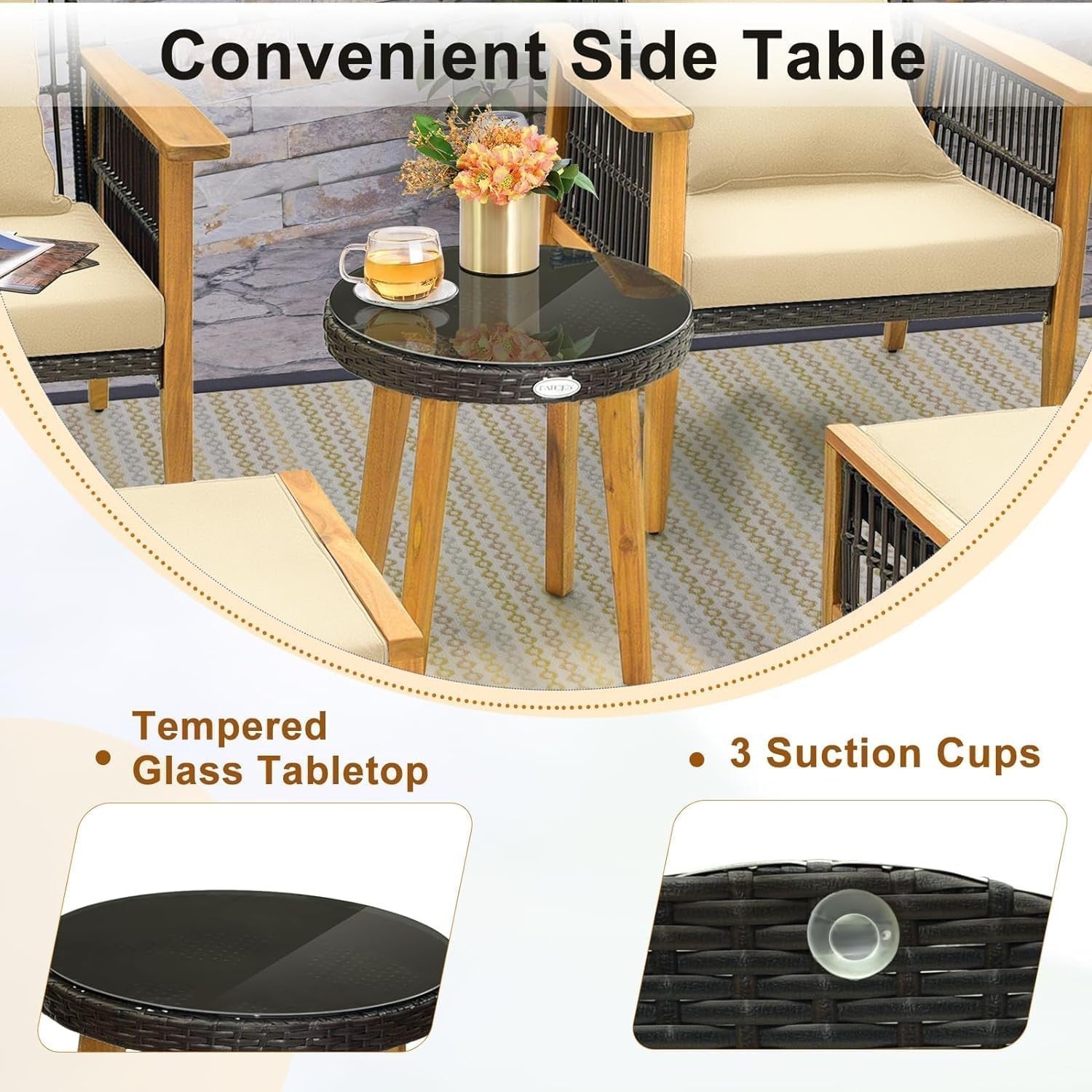 5 Piece Rattan Garden Sofa Set with Chairs Ottomans Glass Table Patio