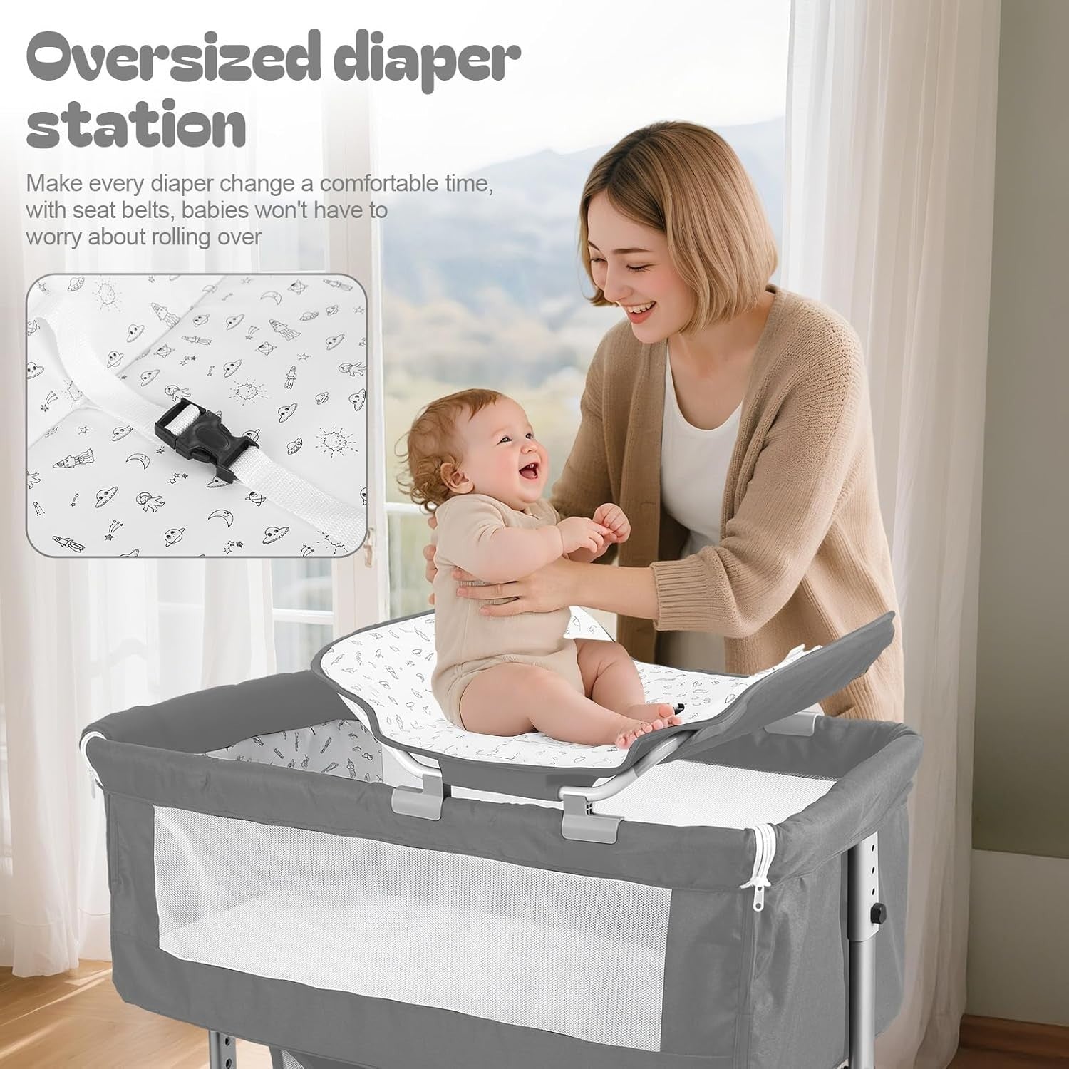 Rocking Bedside Crib with Mosquito Net Wheels Adjustable Height & Storage Grey
