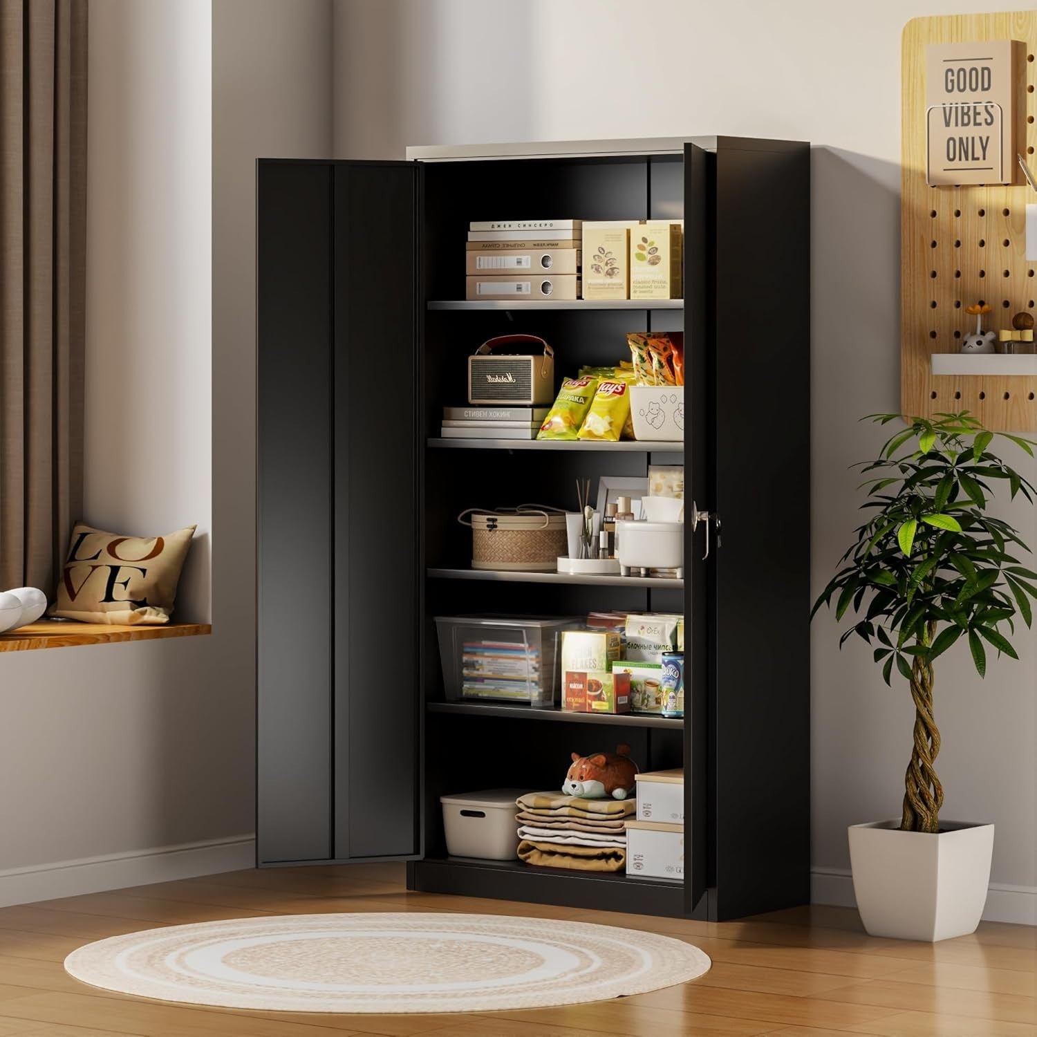 Black Metal Storage Cabinet 180cm with Lock & Adjustable Shelves – Tall Cupboard