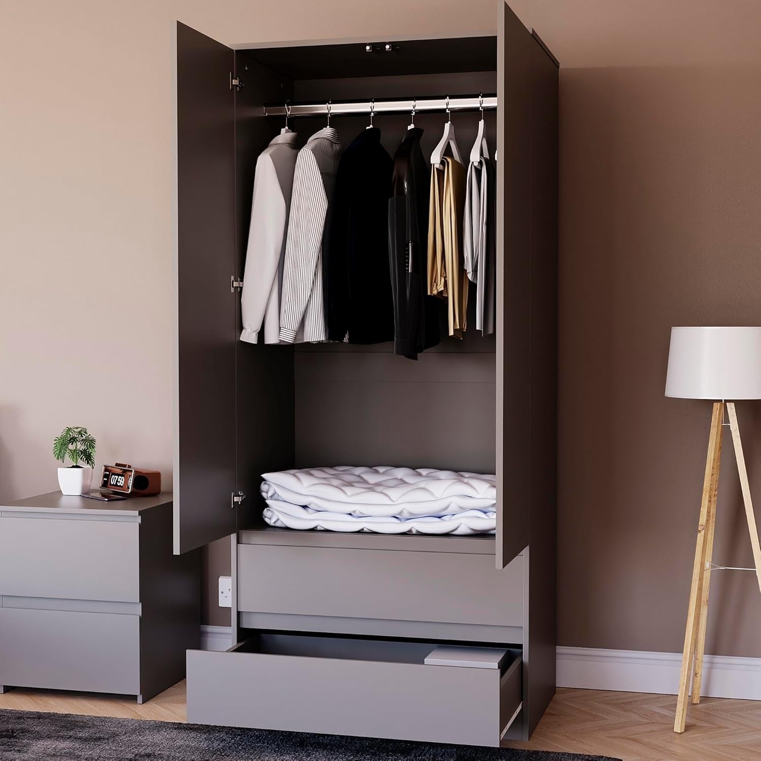 Modern 2 Door Grey Wardrobe with 2 Drawers & Versatile Hanging Rail Storage