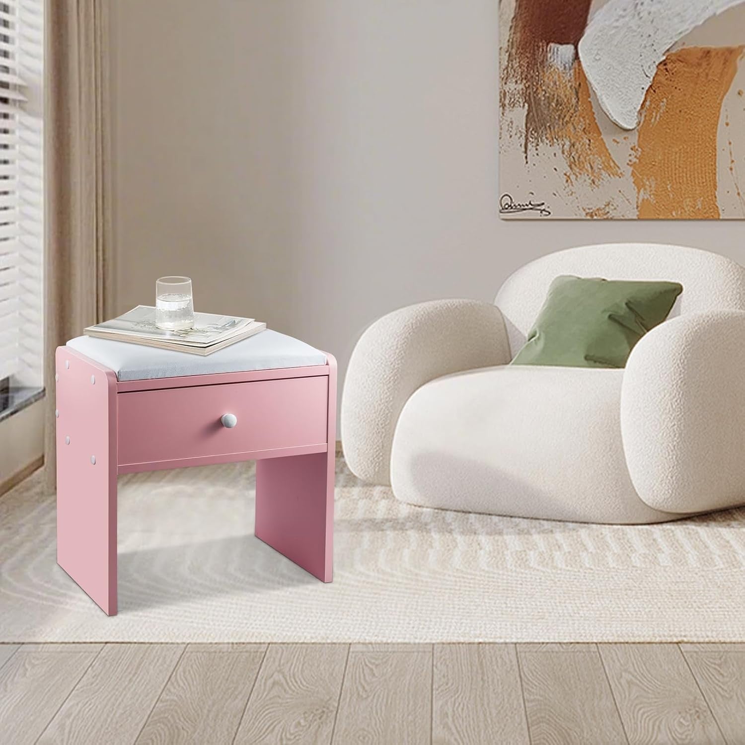 Pink Padded Vanity Stool with Drawer – Comfortable Makeup Stool for Bedroom