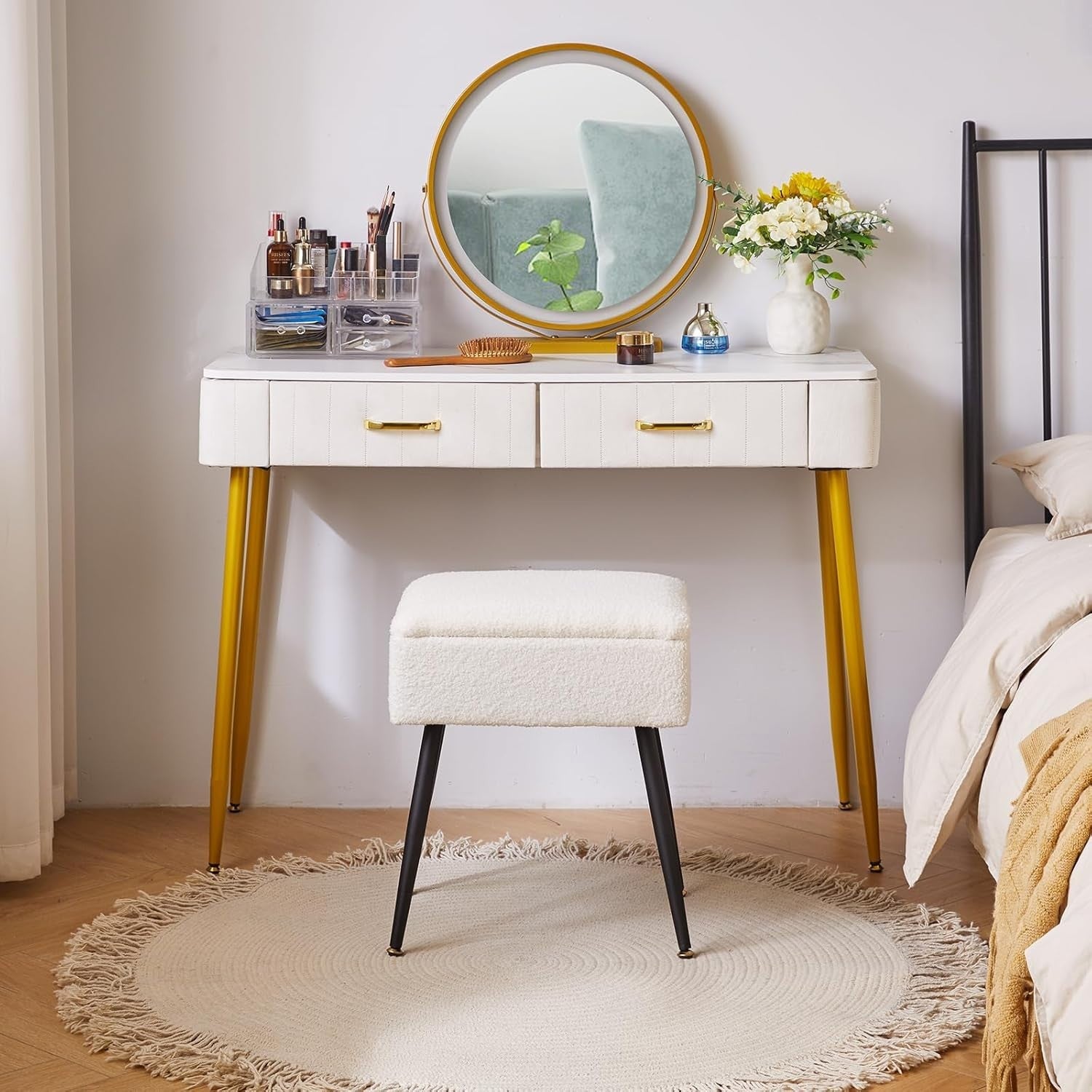 Warm White Teddy Fur Vanity Stool with Storage – Rectangular Makeup Chair