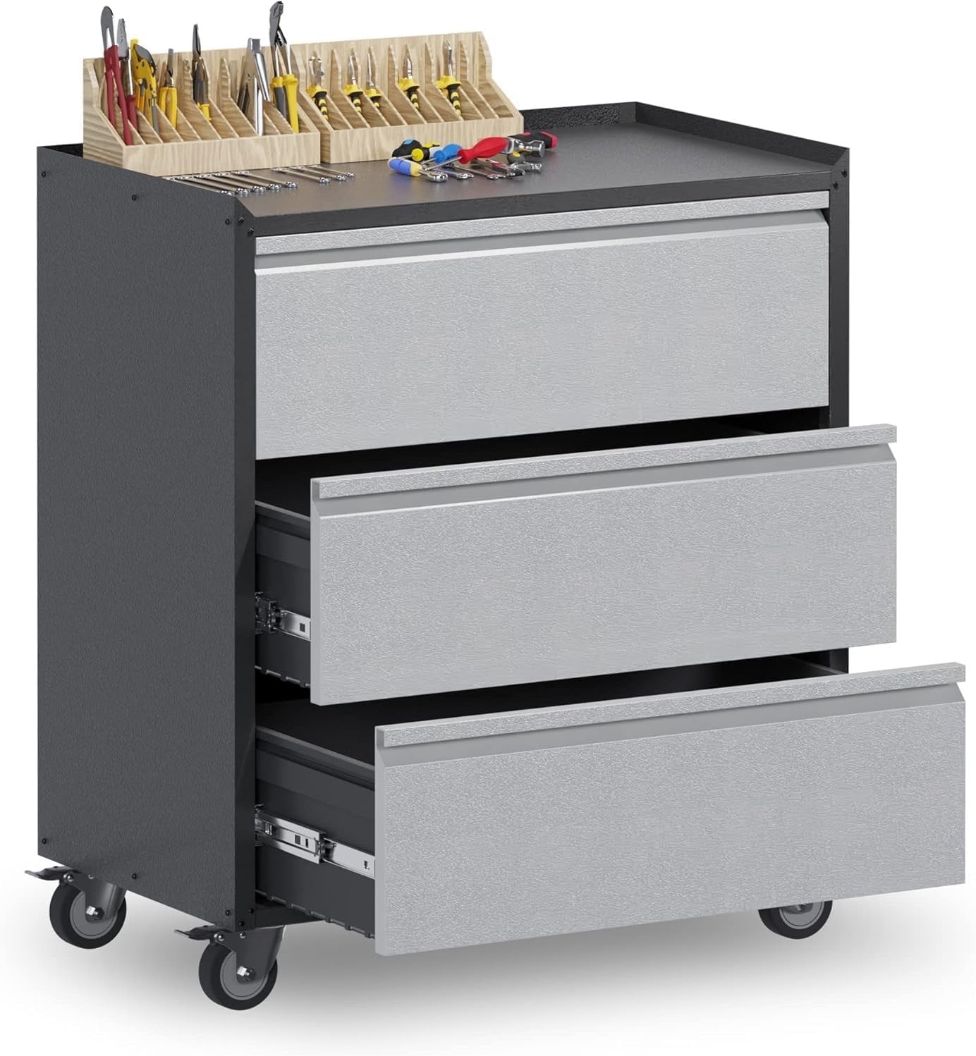 Mobile Metal Tool Cabinet with 3 Lockable Drawers & Workbench Surface