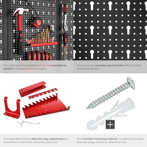 Wall-Mount Pegboard Kit 6PCS Alloy Steel Black/Red w/ Hooks & Holders 120x60cm