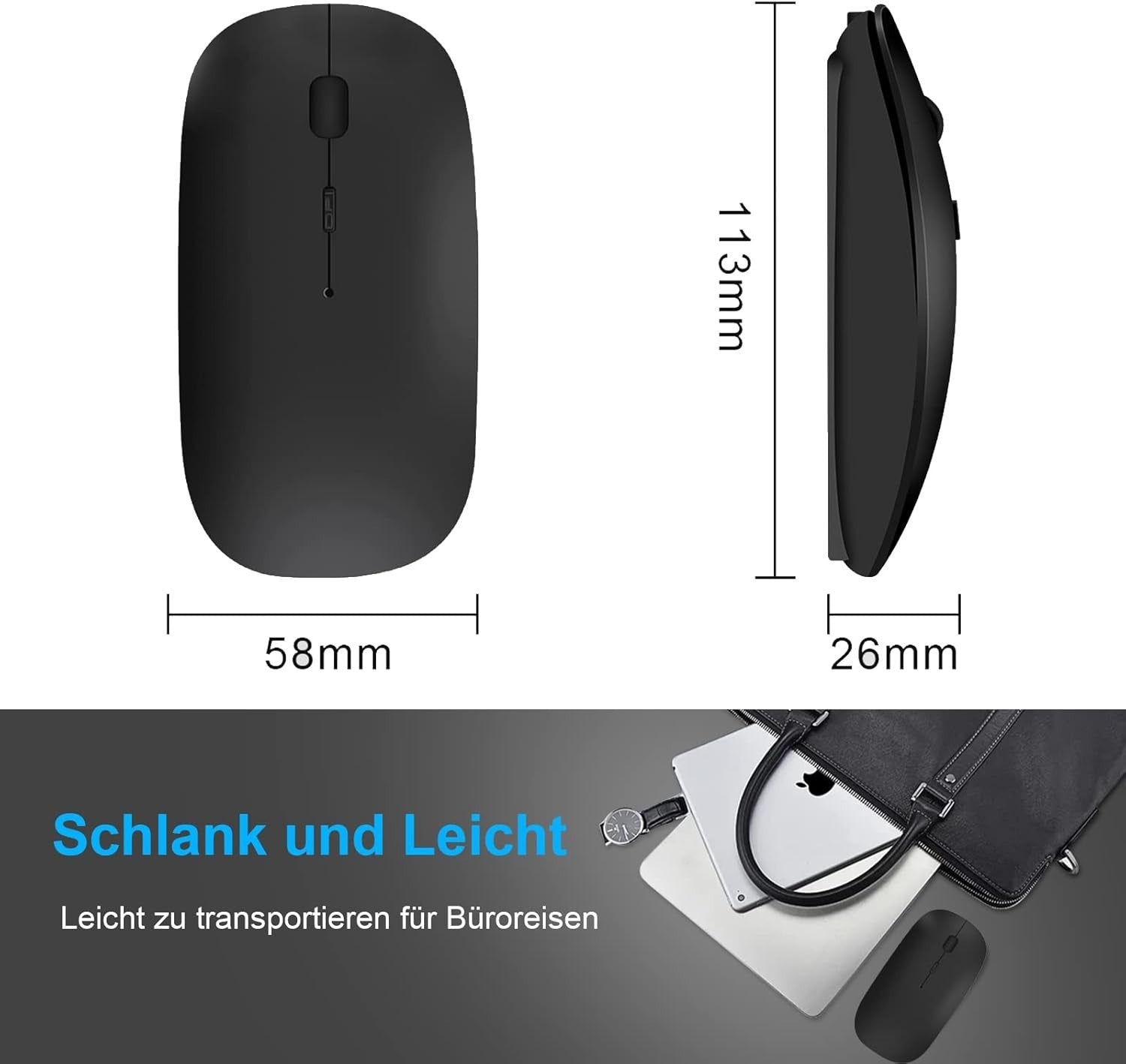 Wireless Bluetooth Mouse Rechargeable Ultra Slim Silent Click Lightweight Black