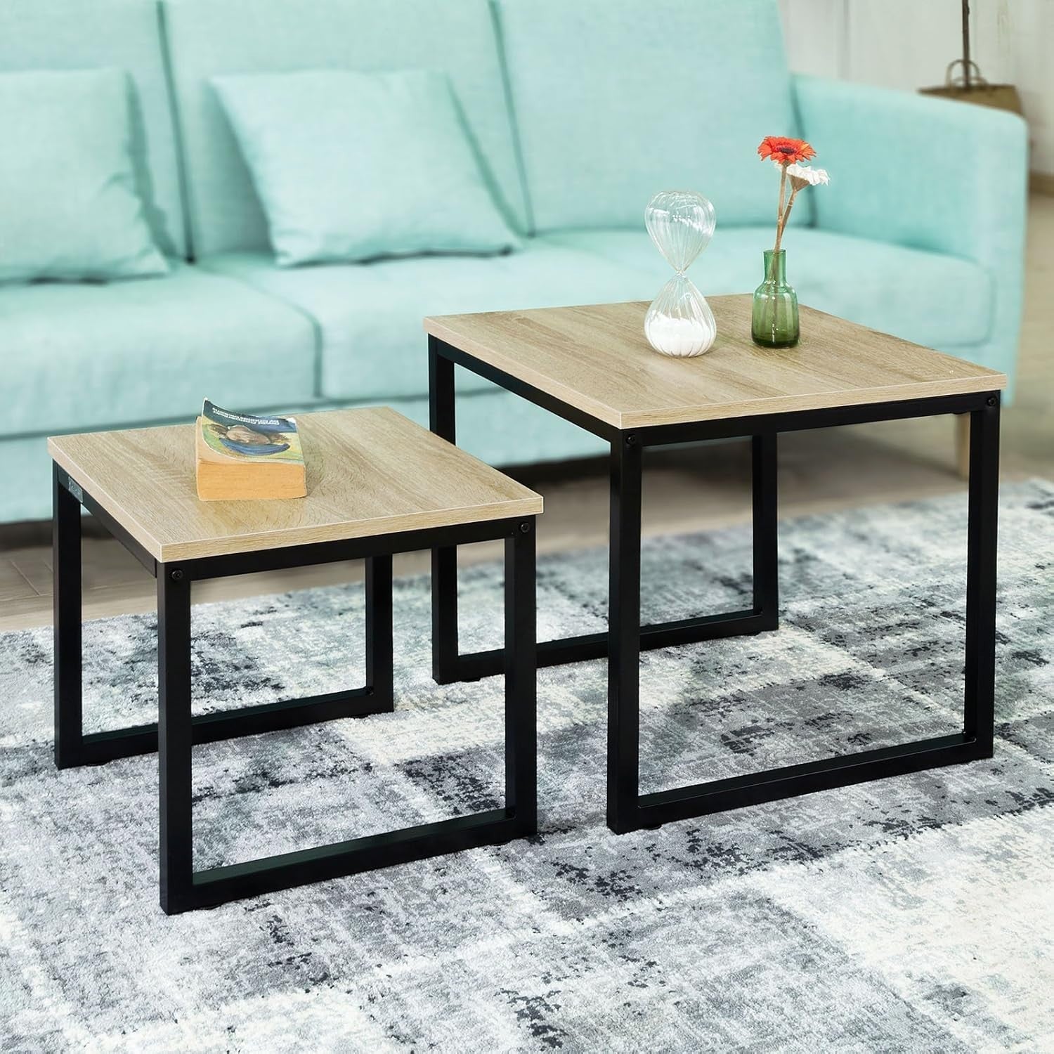 2pc Nested End Tables Natural Wood & Black Metal Frame Coffee Side Lamp Set