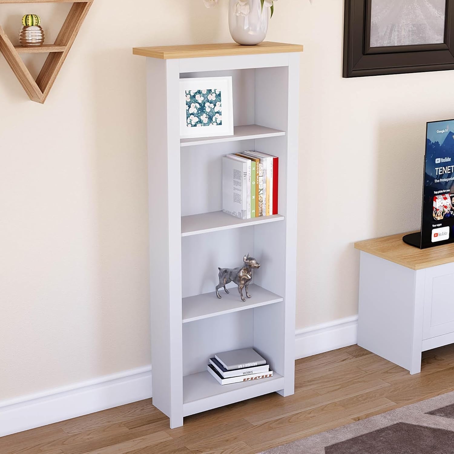4 Tier White Oak Ladder Bookcase – Modern Display Storage Shelf Unit 140cm