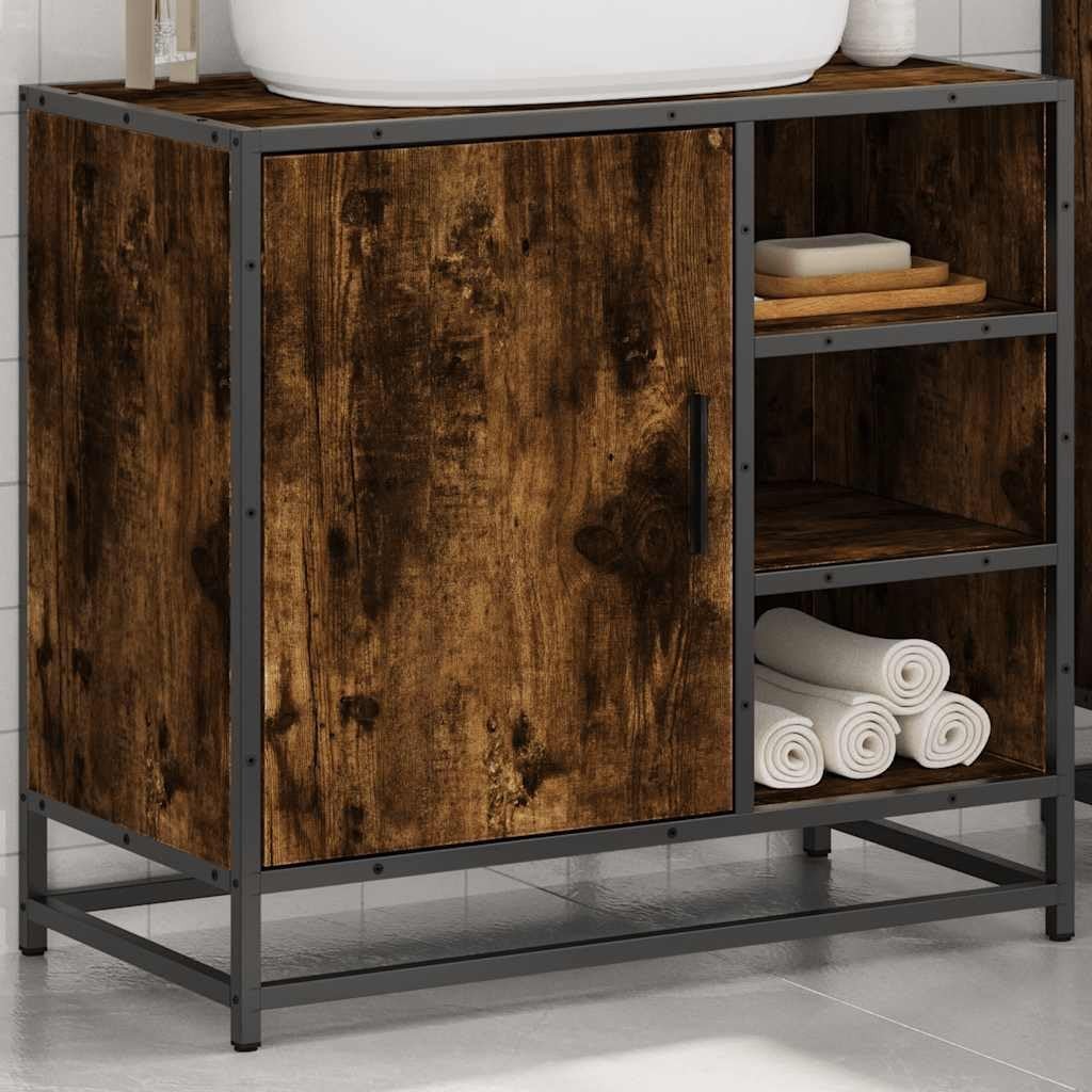 Smoked Oak Under Sink Bathroom Cabinet – Rustic Wood Storage Unit 65cm Modern
