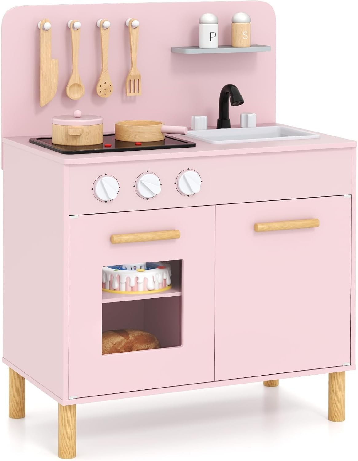 Wooden Kids Play Kitchen Pink w/ Lights Sounds Oven Accessories