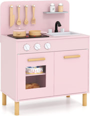 Wooden Kids Play Kitchen Pink w/ Lights Sounds Oven Accessories