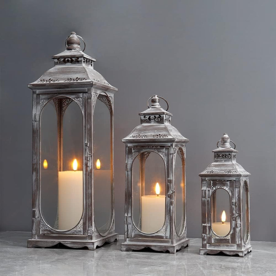 3 Pack Grey Vintage Metal Candle Lanterns Indoor Outdoor Decor