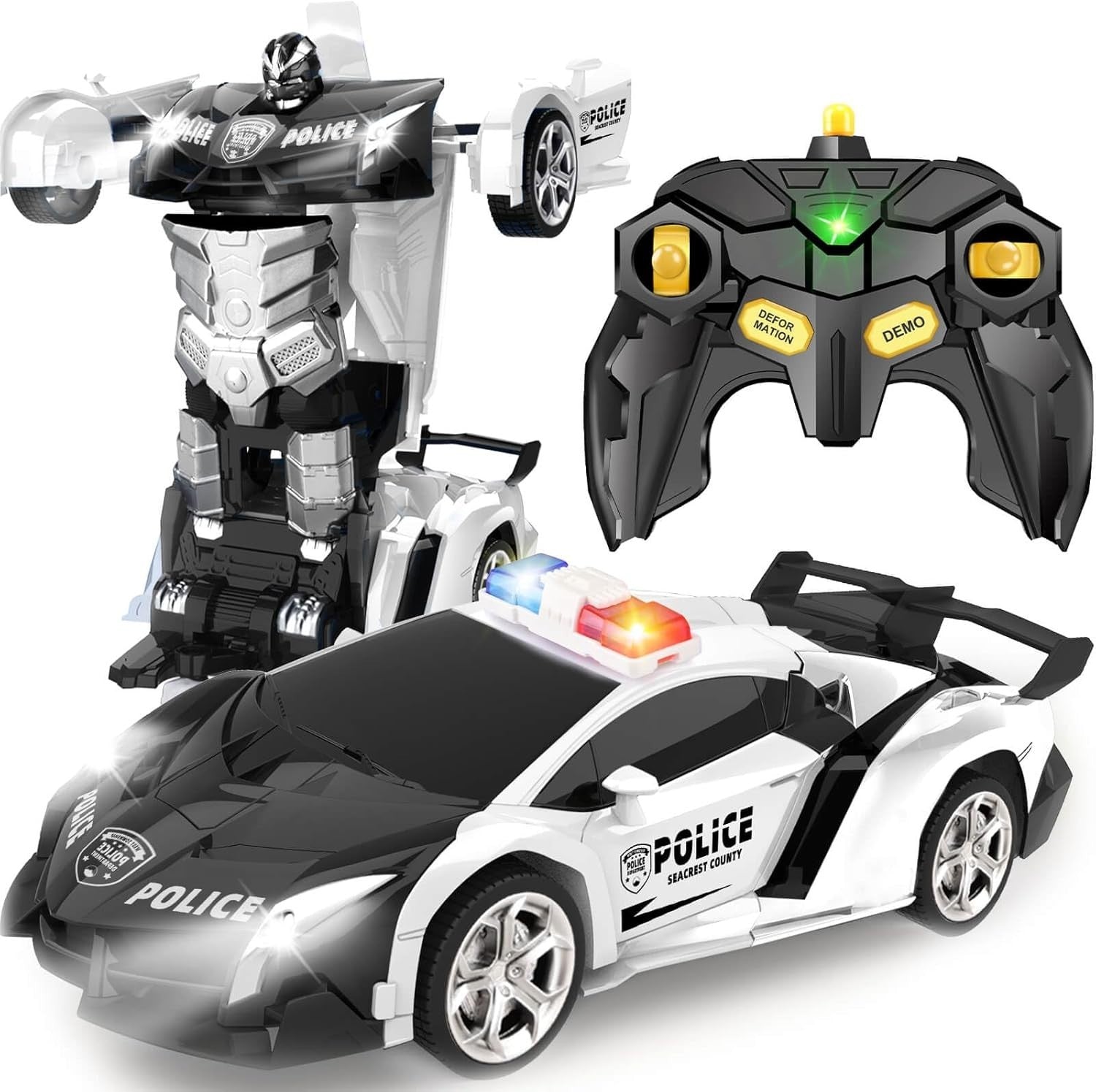 2-in-1 RC Police Car Robot Transforming 360° Spin Toy for Boys Age 3–8