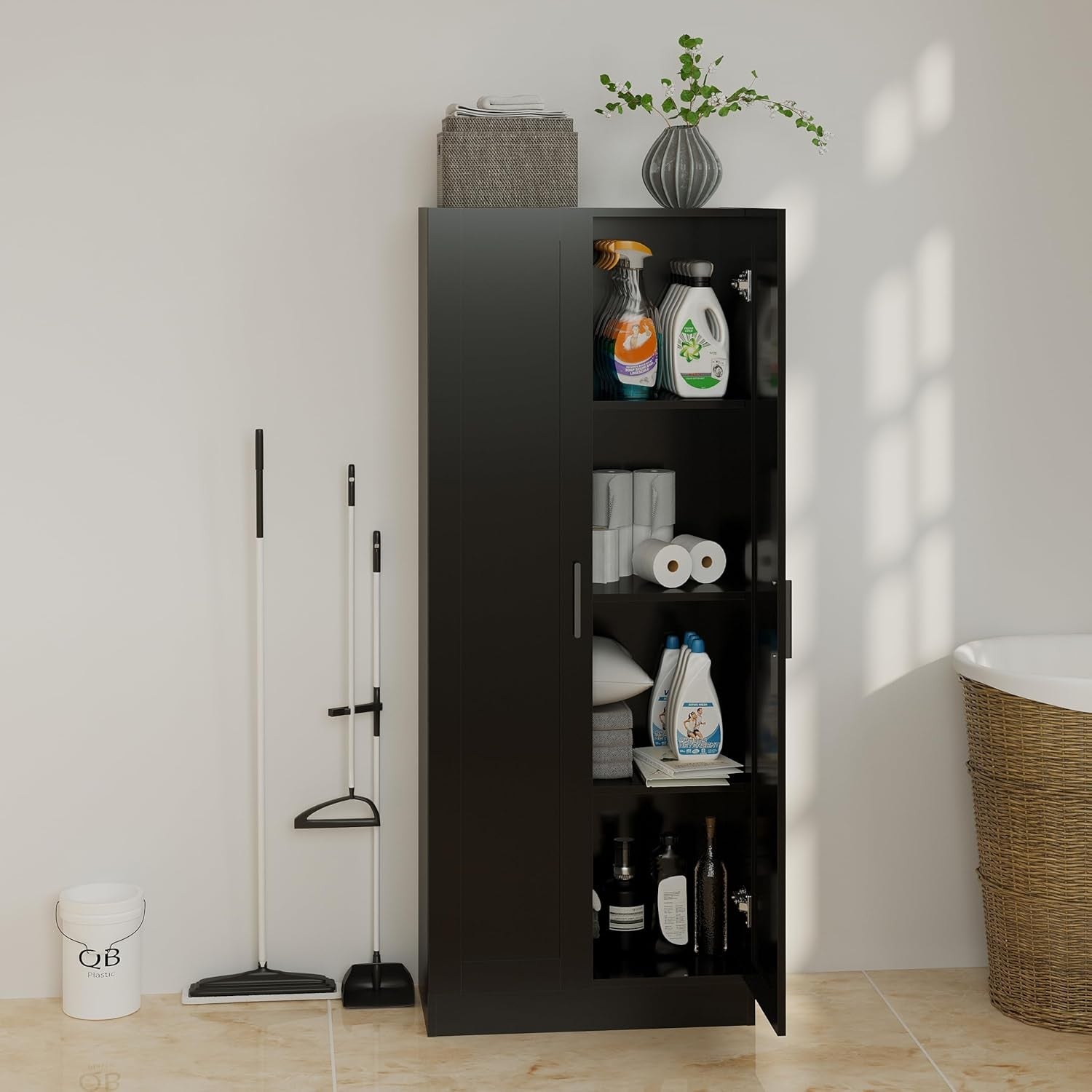 Wooden Storage Cabinet, Freestanding Tall Kitchen Cupboard Narrow Pantry Cabinet