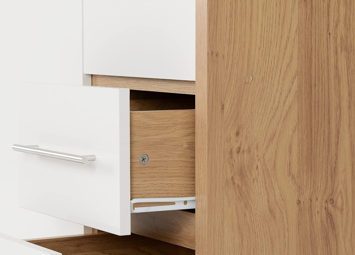 White Gloss 3 Door Wardrobe with 2 Drawers Oak Effect – Lockable Storage