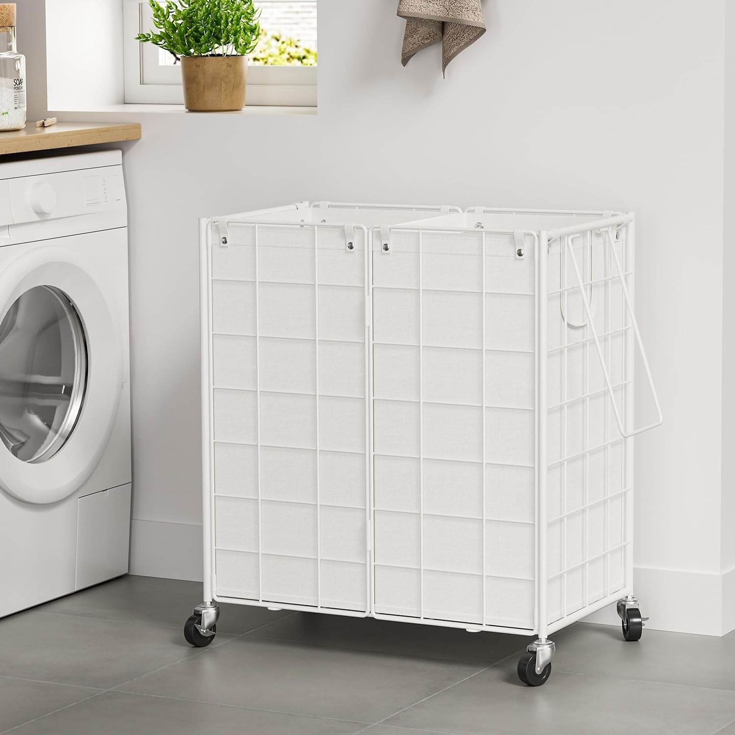 120L Double Rolling Laundry Hamper White Metal Frame with 2 Removable Bags