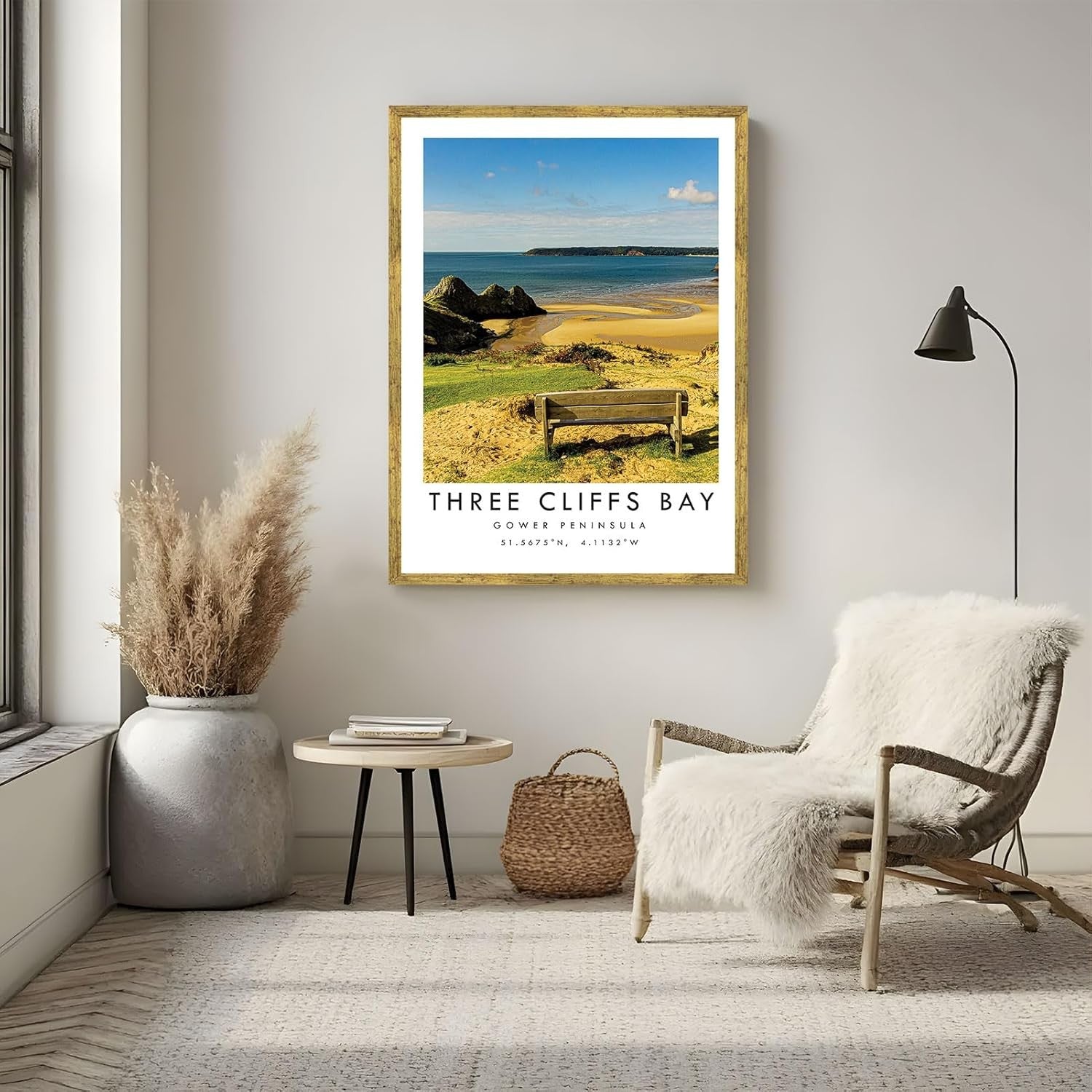 Framed Three Cliffs Bay Canvas Wall Art Modern Coastal Home Decor