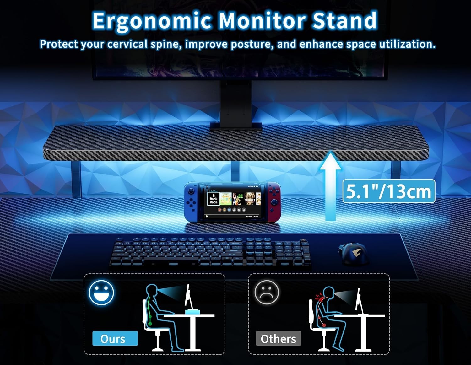 Black 120cm L Shaped Gaming Desk with LED Lights, Monitor Stand & Shelves