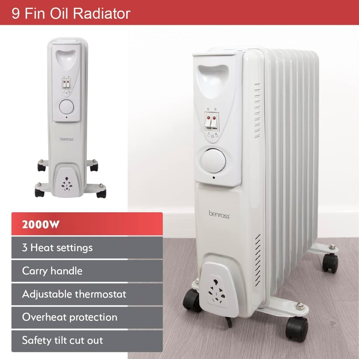Portable 9-Fin Oil Filled Radiator 2000W Adjustable Thermostat White