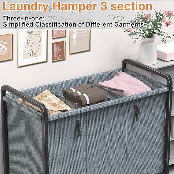 230L 3-Section Laundry Sorter Cart with Wheels & Metal Frame – Grey Organizer