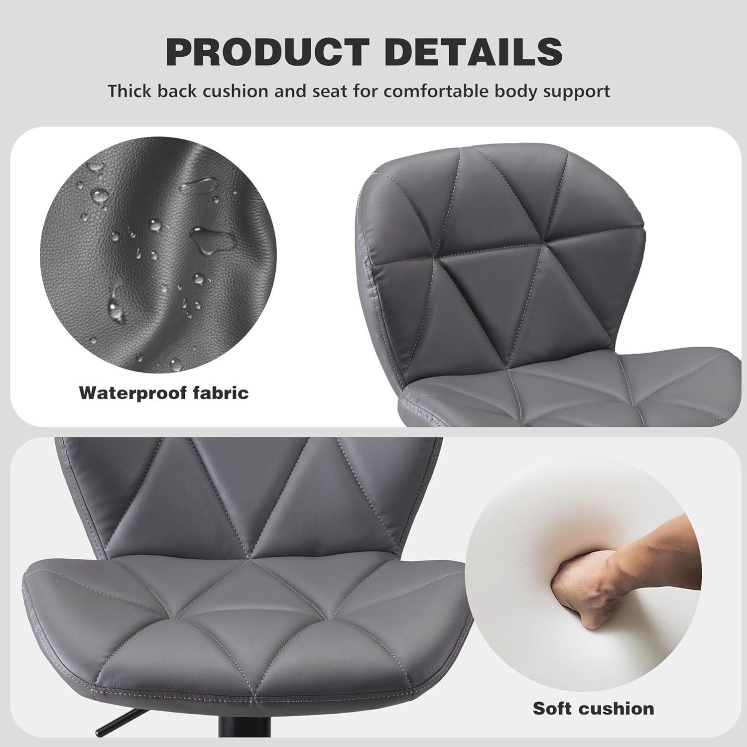 Dark Grey Faux Leather Bar Stools Set of 2 – Adjustable Swivel Kitchen Chairs