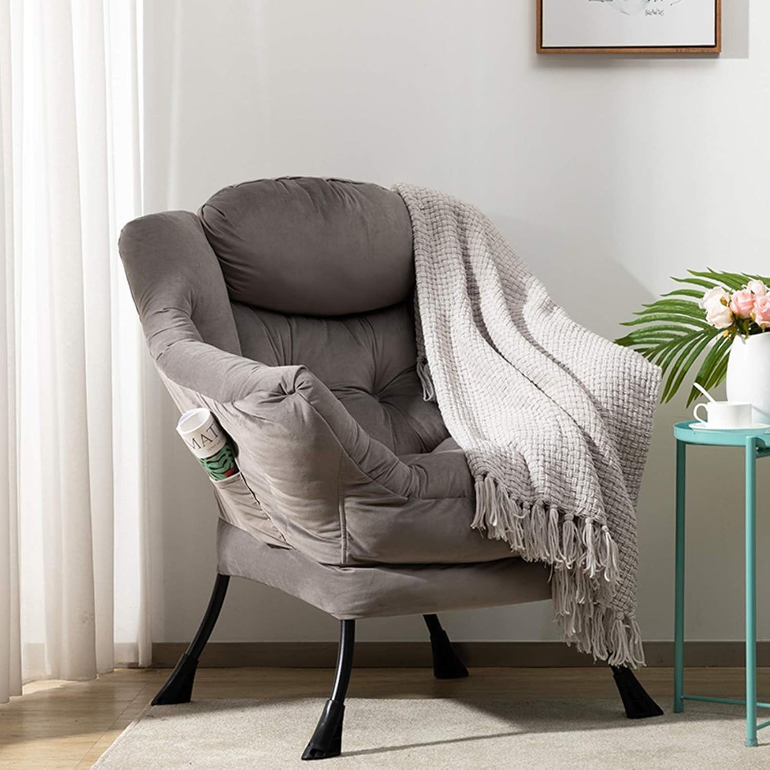 Velvet Grey Armchair Living Room Bedroom Lounge Chair Comfy Relax Seat