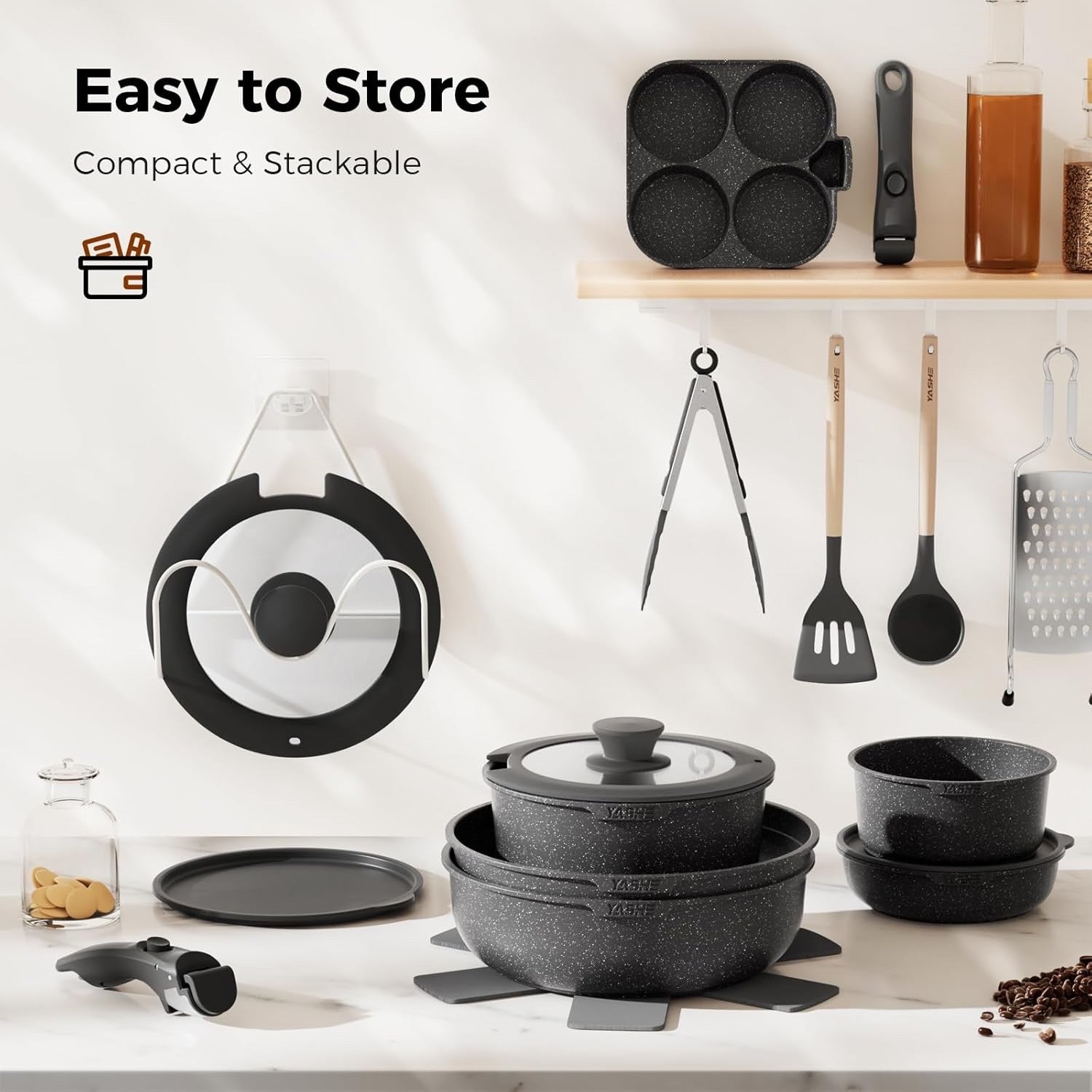 20Pcs Grey Granite Non-Stick Cookware Set with Removable Handles & Glass Lids