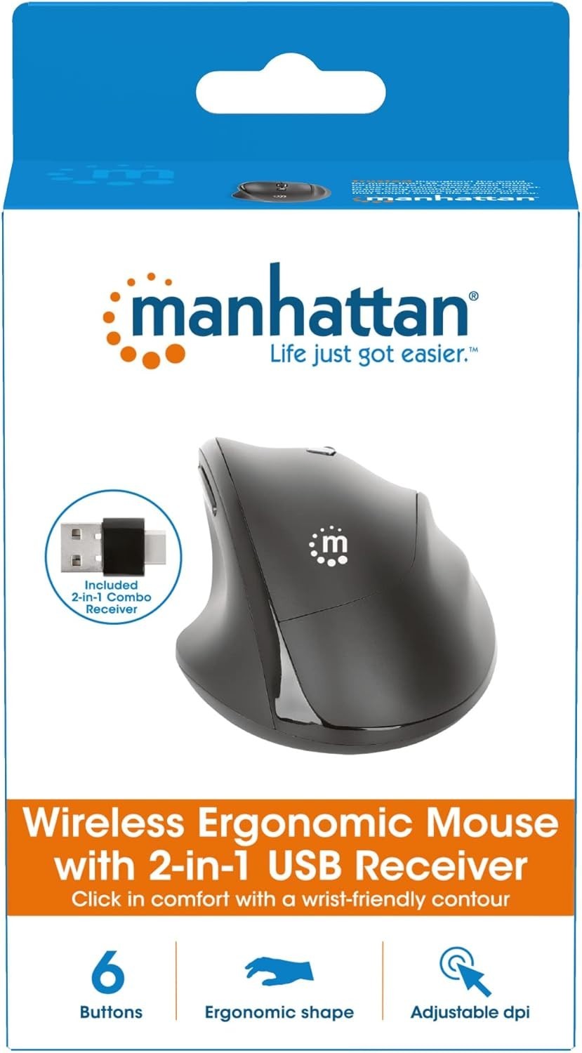 Ergonomic Wireless Mouse USB-C & USB-A Receiver 1600 DPI Black