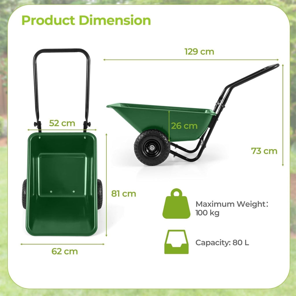 80L 2-Wheel Wheelbarrow Green+Black – Pneumatic Tyres w/ Adj Handle 100kg Cap