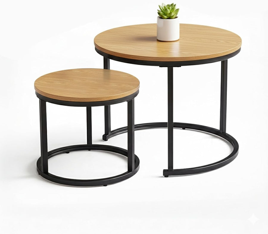Round Nested Coffee Table Set Oak Wood Stackable Space Saver Living Room End Tab
