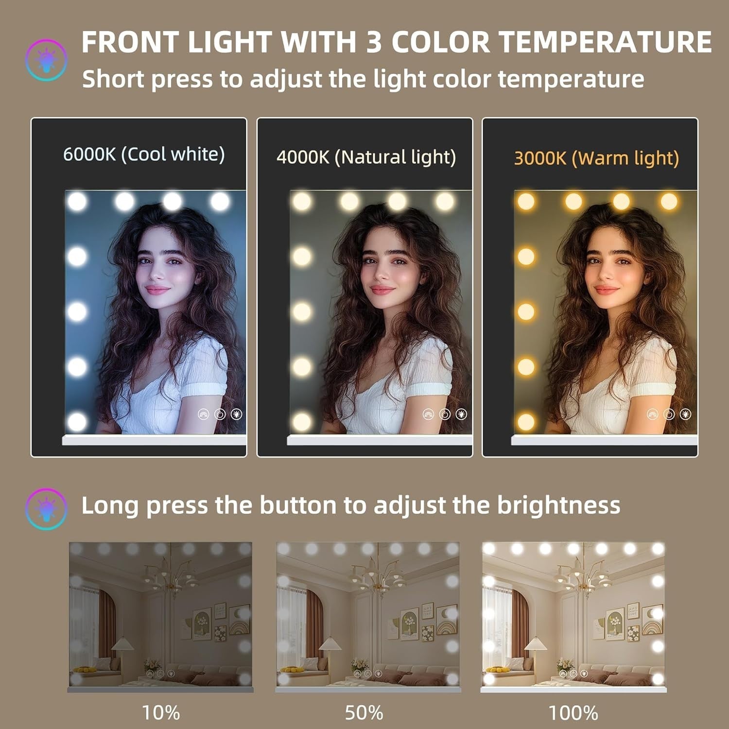 LED Vanity Mirror with RGB Lights, Dimmable Touch Screen, Bedroom Makeup