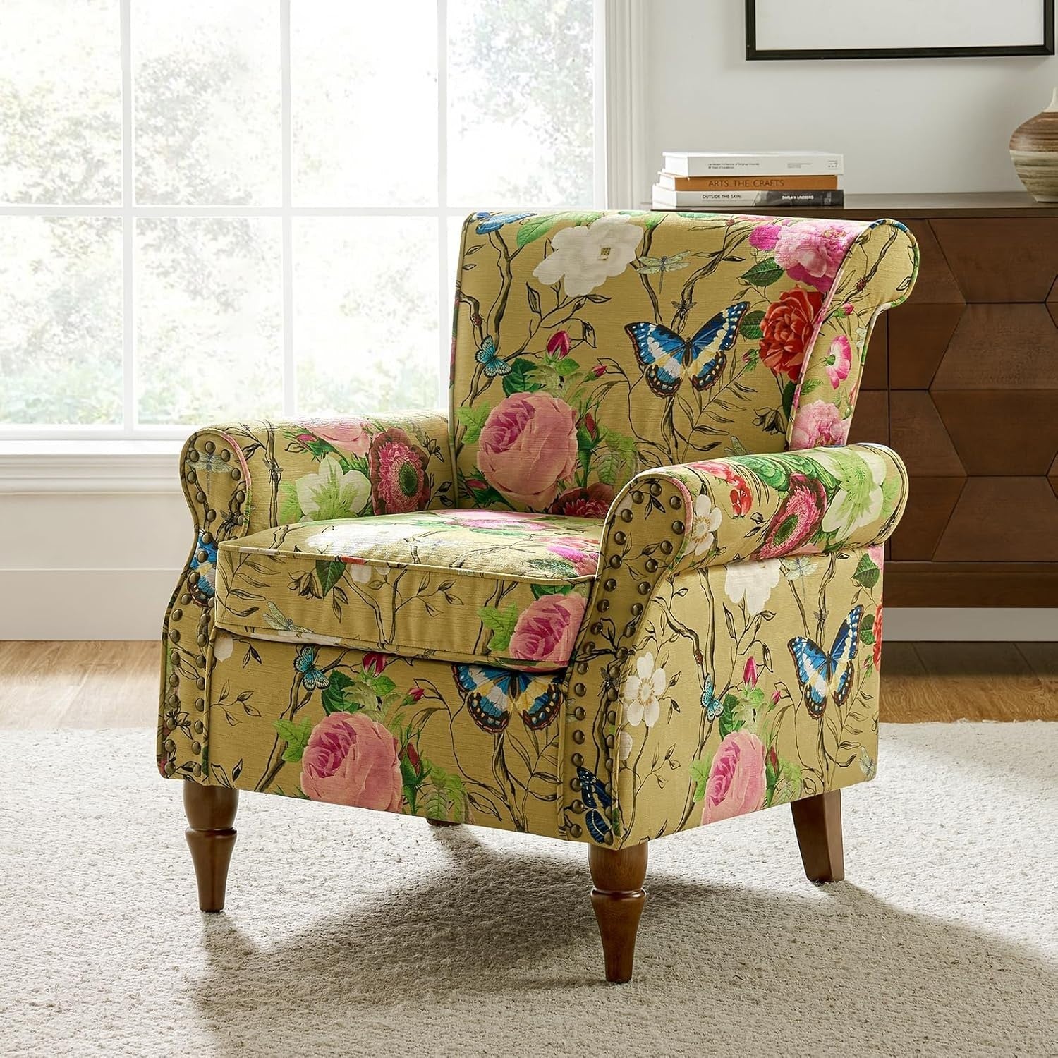 Yellow Wingback Accent Armchair Floral Upholstered Chair for Living Room