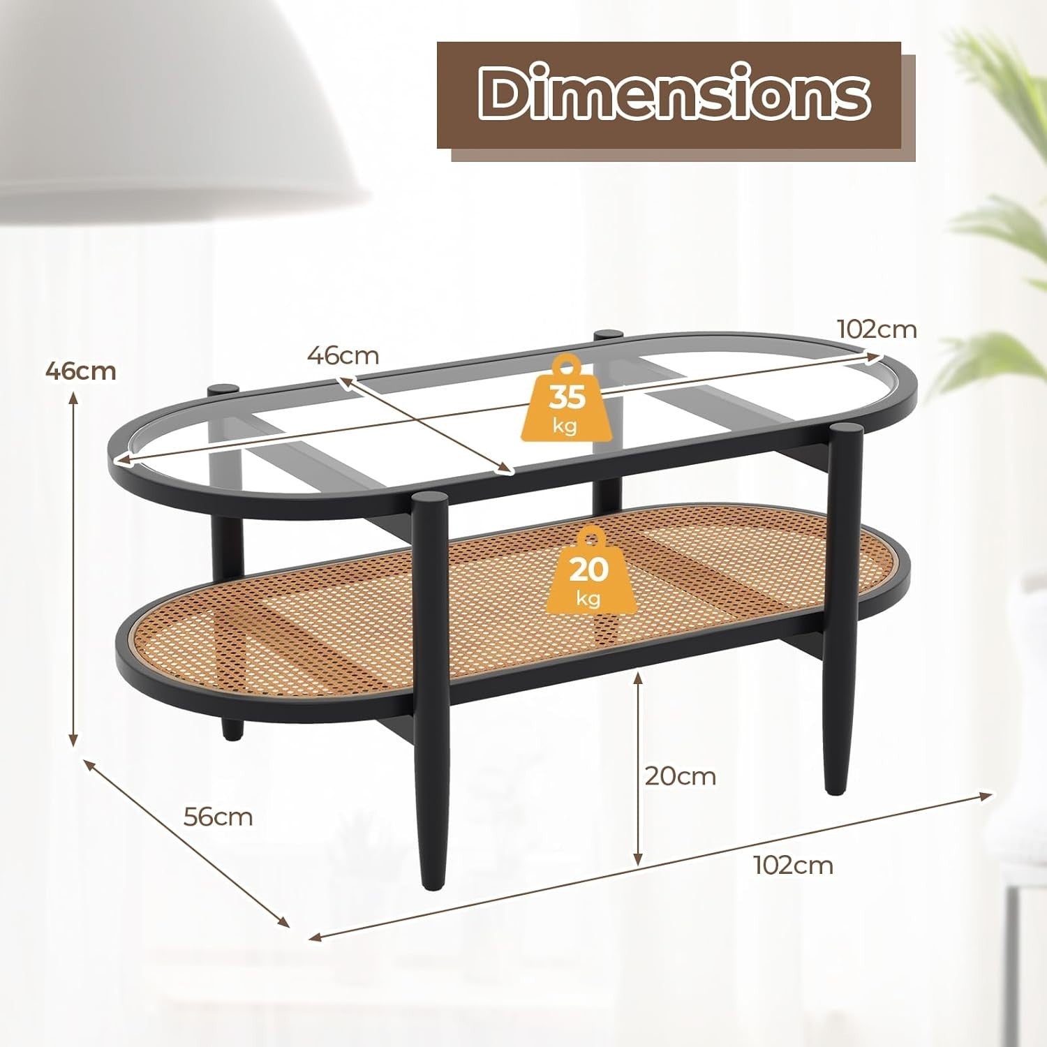 Black Glass Coffee Table with Rattan Shelf – 2-Tier Oval Wood Frame