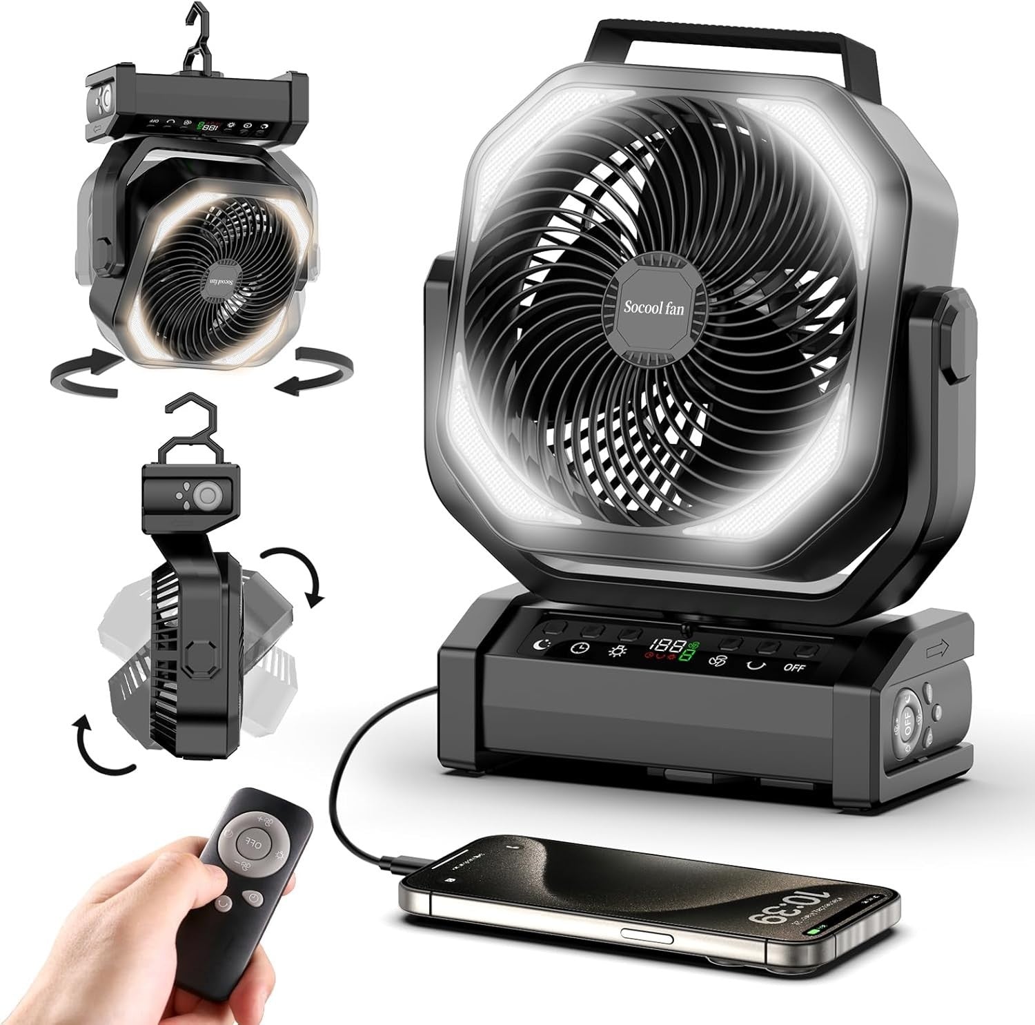 Camping Fan w/ Light – 9-Speed Rechargeable 20000mAh Fan w/ Timer & Remote
