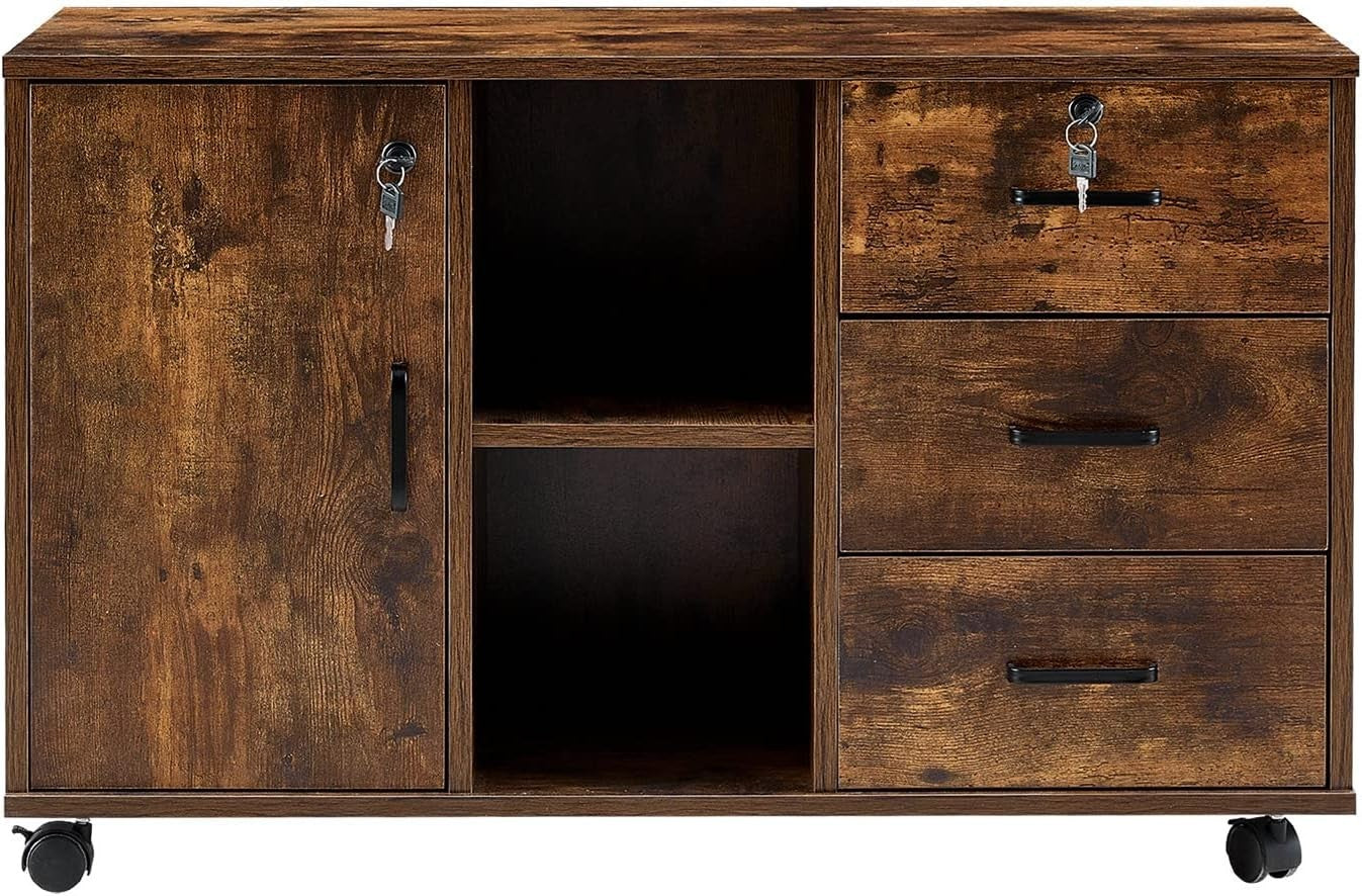Large Rolling File Cabinet Locking Drawers Printer Stand Open Shelf Storage