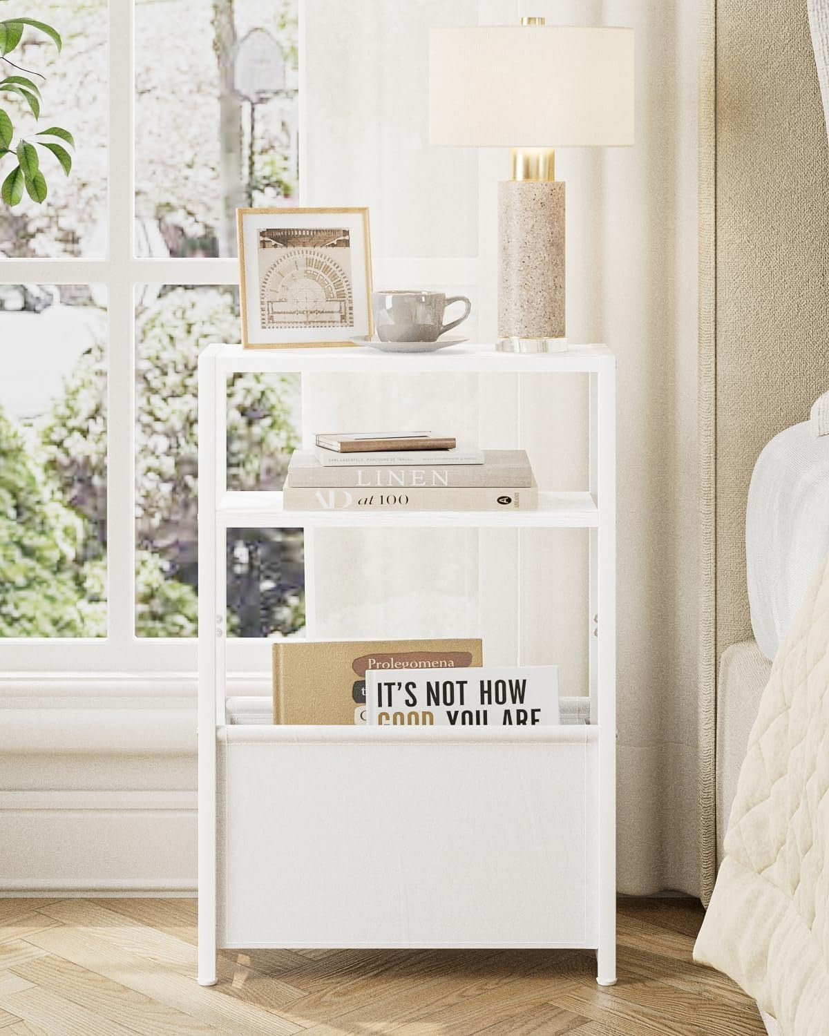 Slim White Side Table with Storage, Space-Saving Design for Small Spaces
