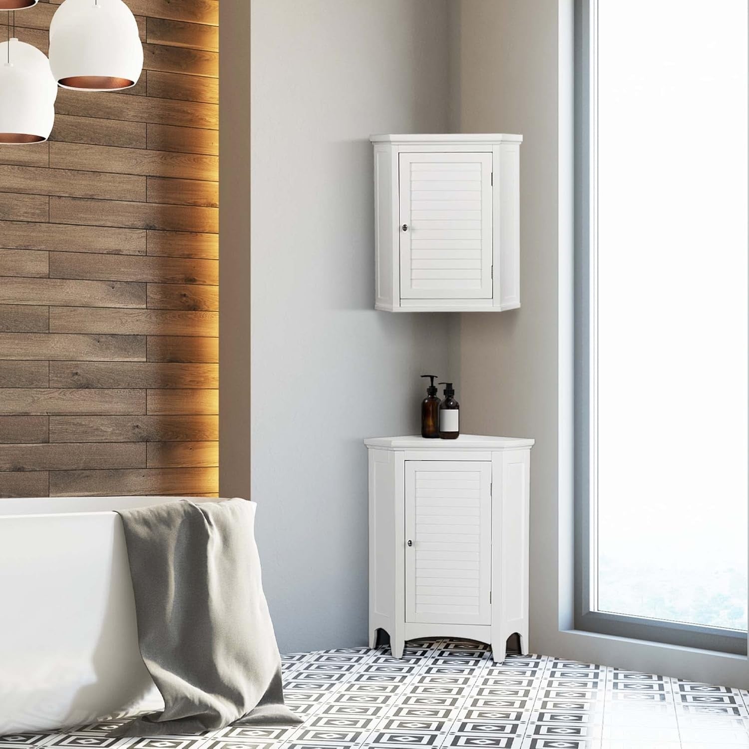 Corner Wall Bathroom Cabinet with Removable Shelf, Durable White Wood