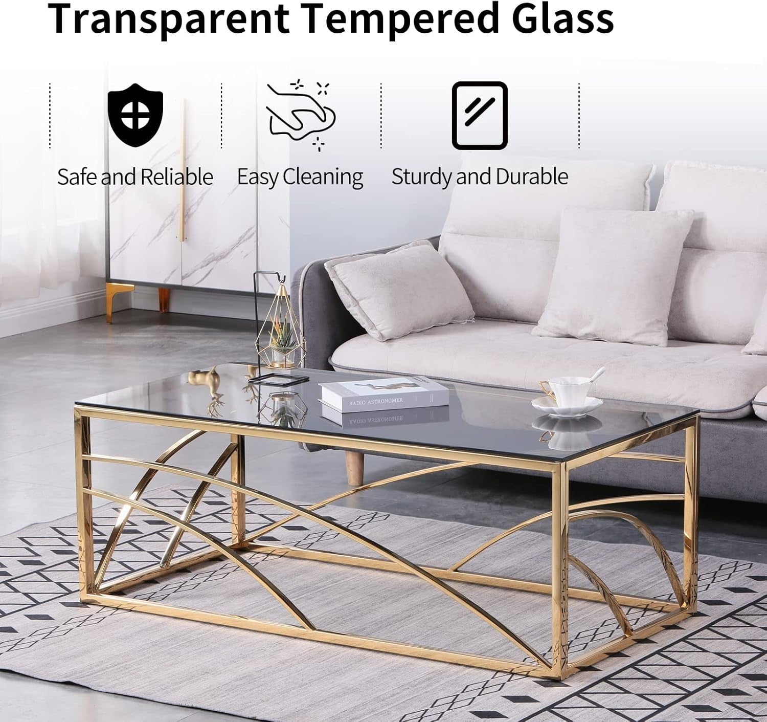 Gold Glass Coffee Table 120cm | Modern Stainless Steel Frame | Dark Grey Top