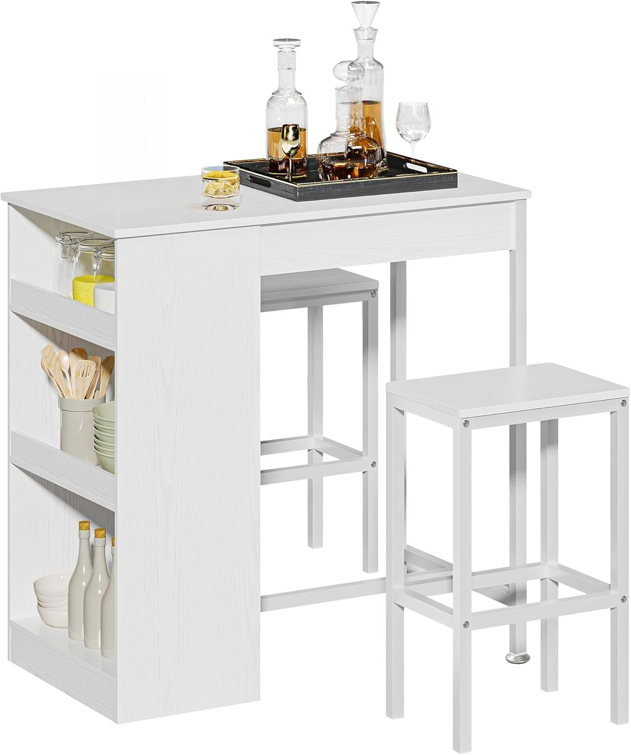 White Breakfast Bar Table Set with Storage Shelves & 2 Stools Space Saving