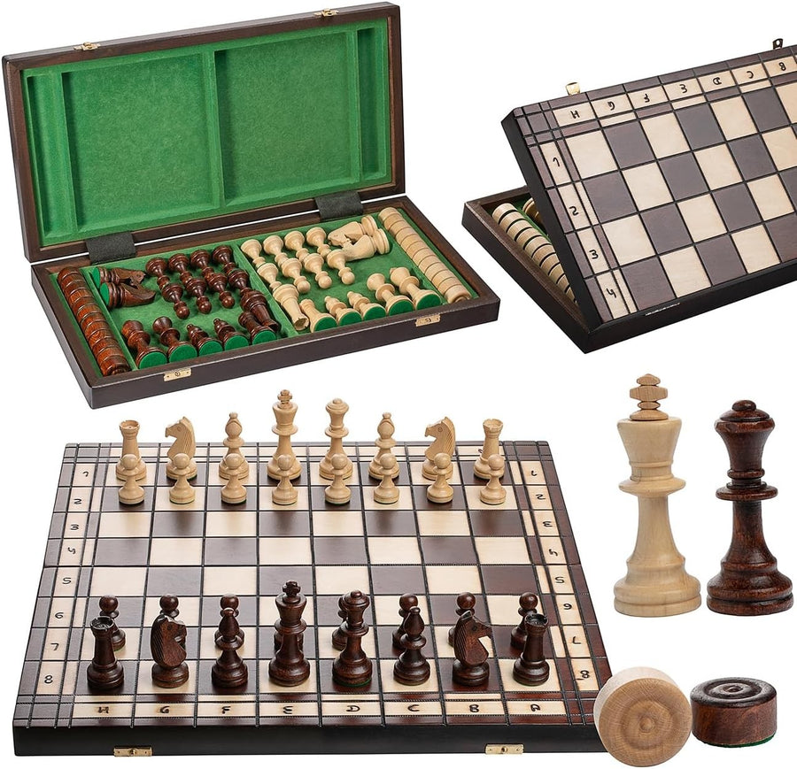 Luxury Wooden Chess & Draughts Set 50cm • Weighted Pieces • Folding Board
