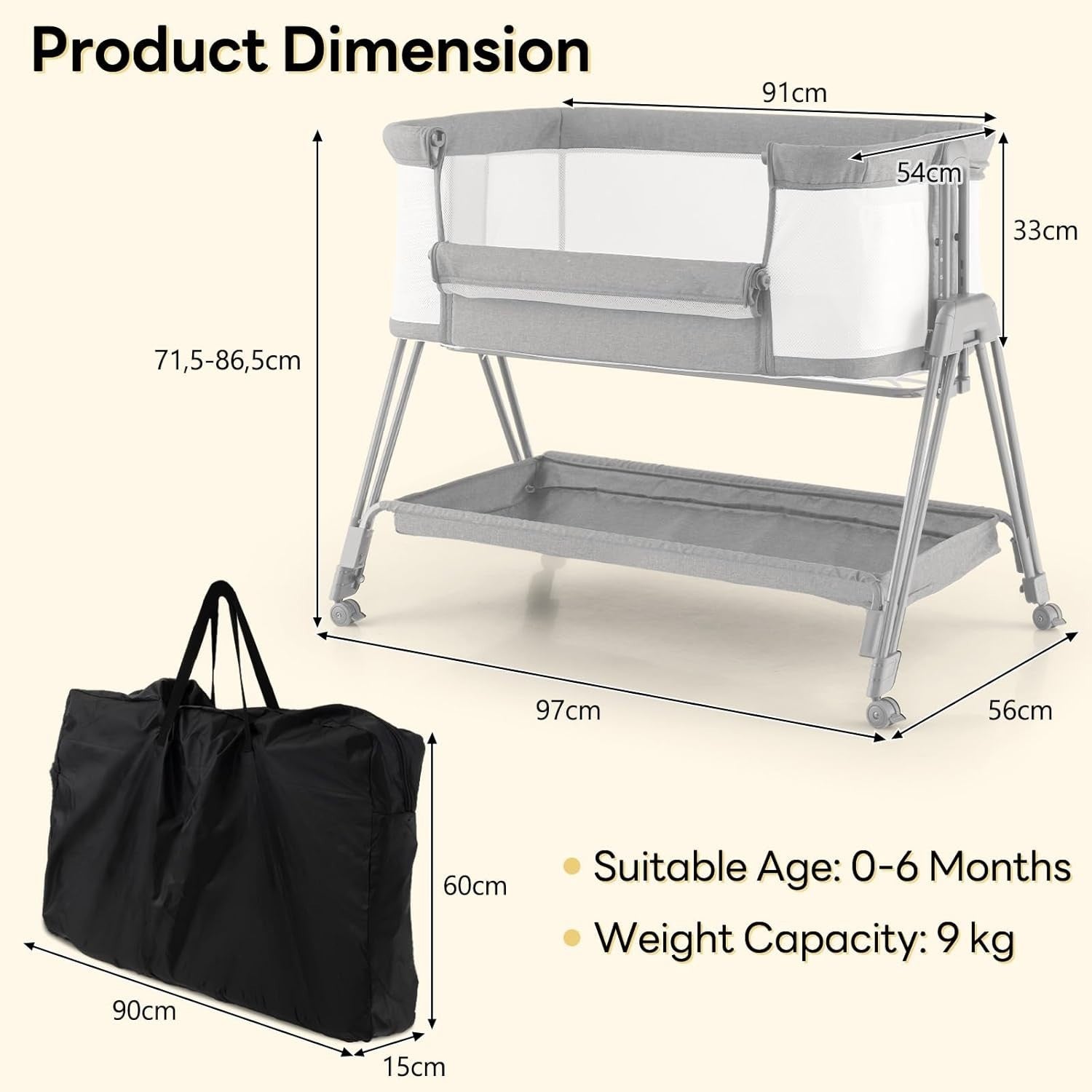 Baby Bedside Crib Adjustable Bassinet with Mattress Newborn Sleeper Grey
