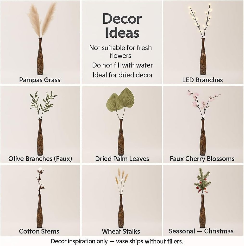 Tall Wooden Floor Vase 70cm – Rustic Farmhouse Pampas Grass Home Decor