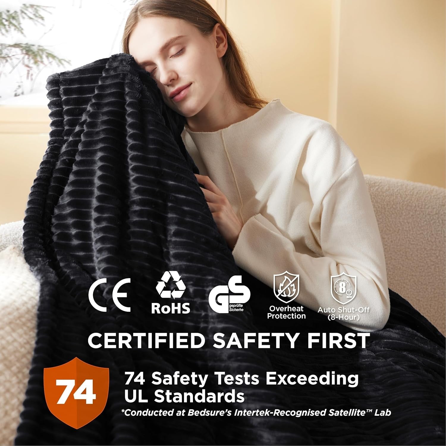 Striped Black Electric Heated Throw Blanket 6 Heat Levels Timer Warm 130x160cm