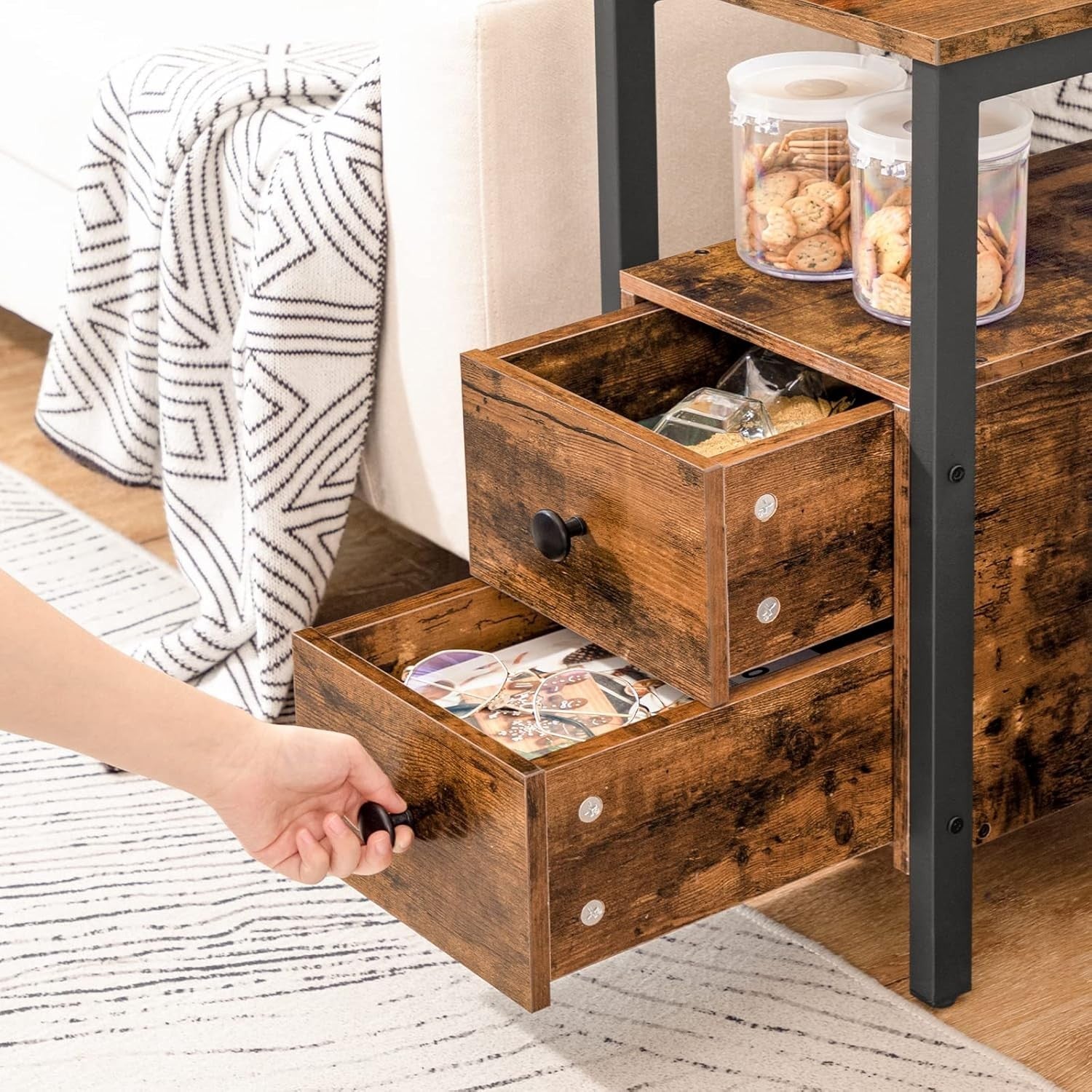 Slim Industrial Side Table with 2 Drawers & Open Shelf, Rustic Brown 30x48x61.5c