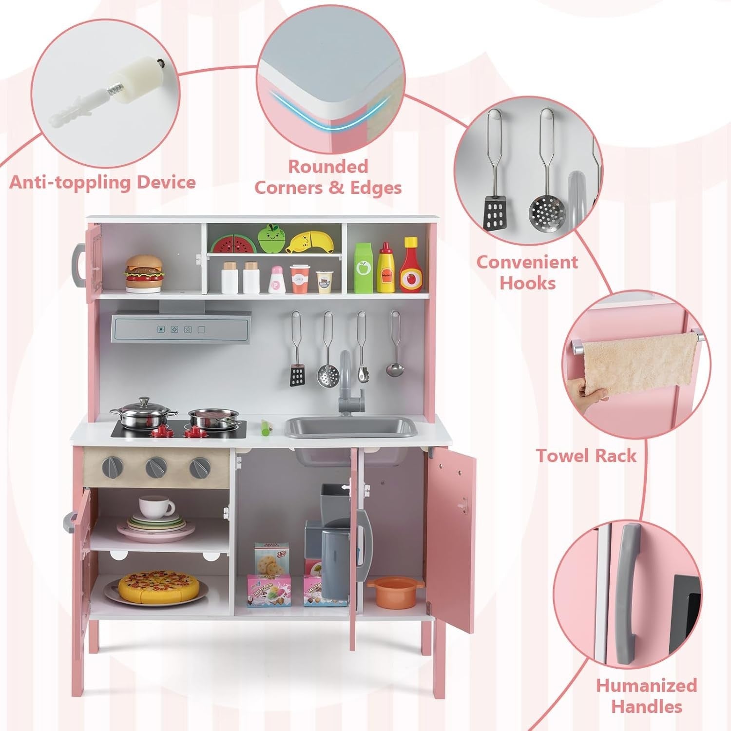 Wooden Kids Play Kitchen Light Pink Toy Set Oven Microwave Sound