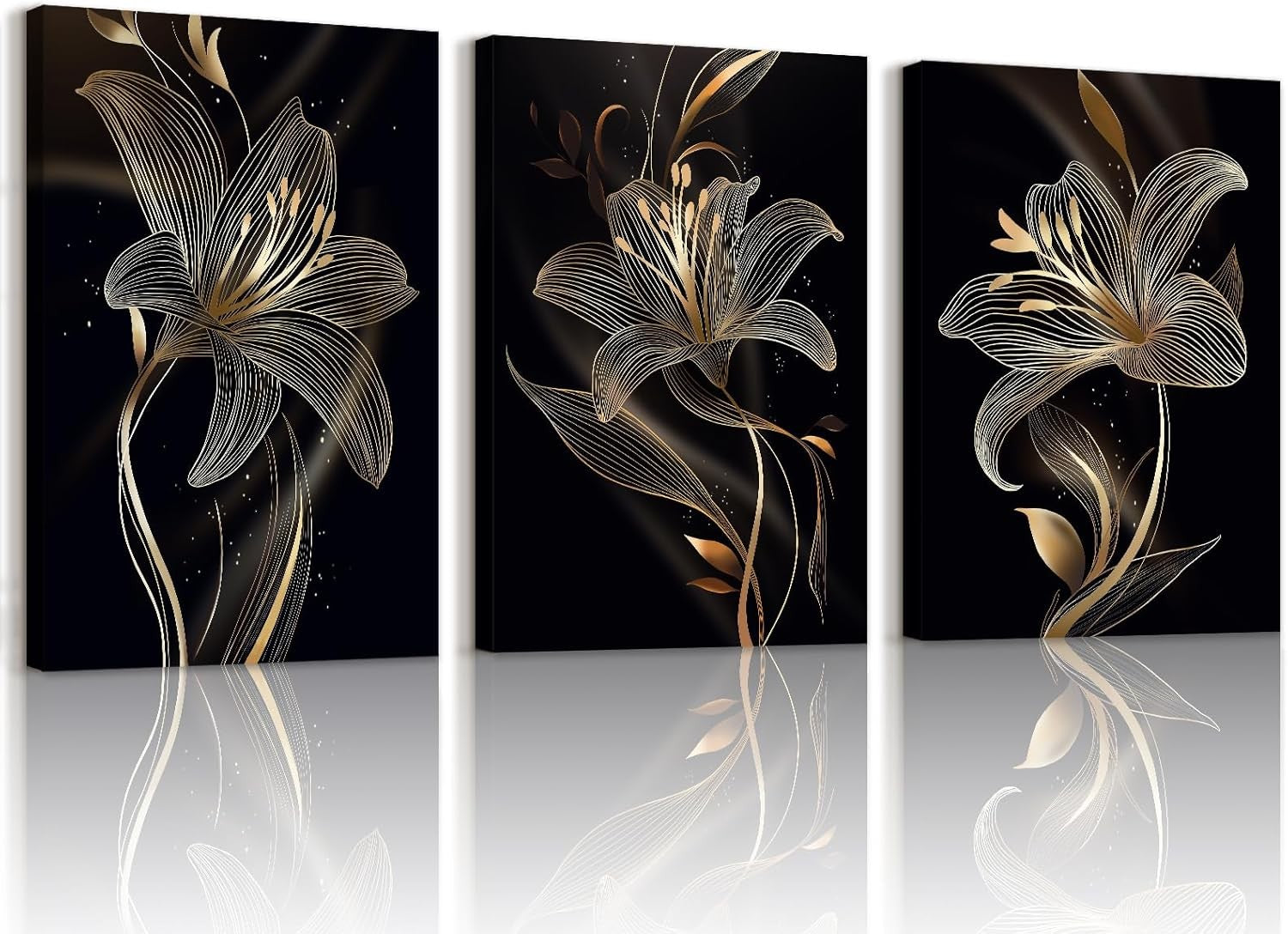 3-Piece Black Gold Lilies Canvas Wall Art 40x60 cm Framed Modern Decor