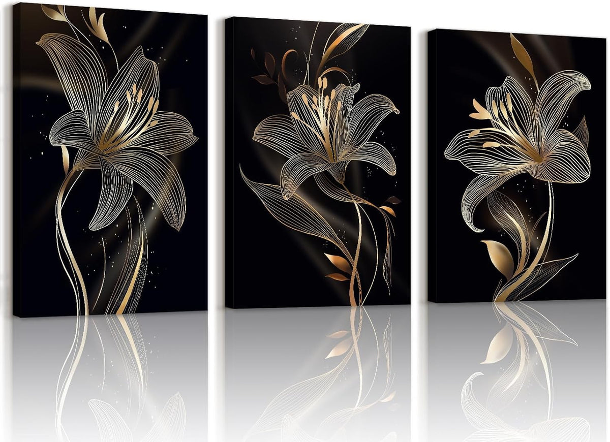 3-Piece Black Gold Lilies Canvas Wall Art 40x60 cm Framed Modern Decor