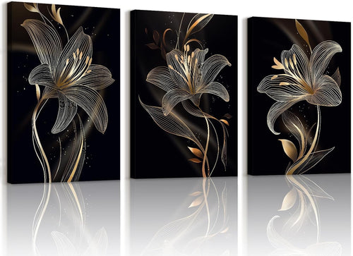 3-Piece Black Gold Lilies Canvas Wall Art 40x60 cm Framed Modern Decor