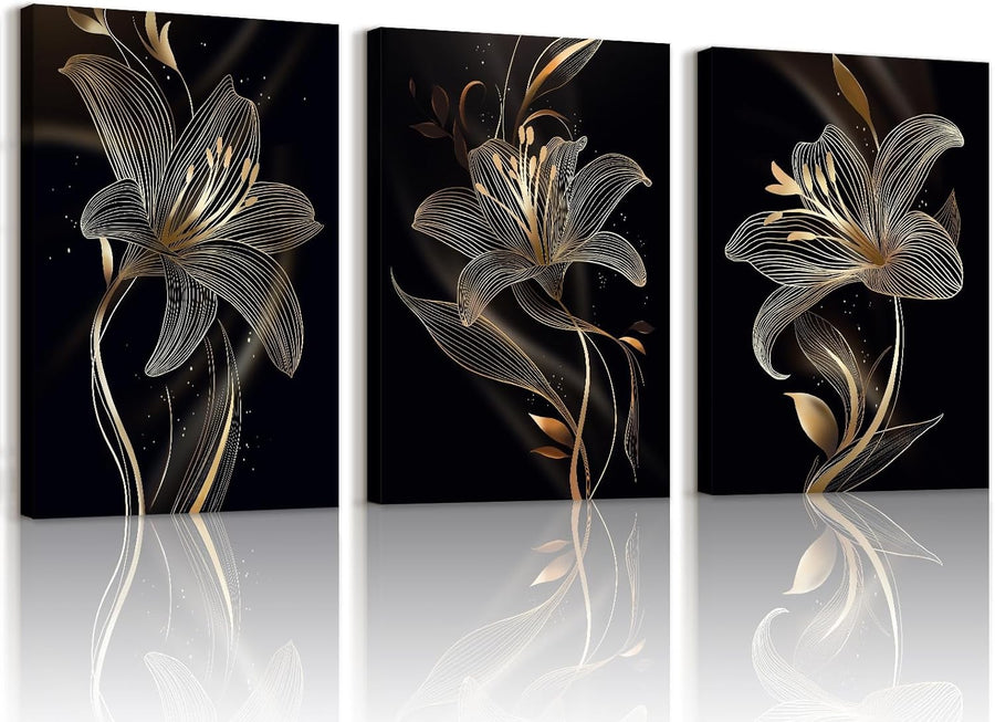 3-Piece Black Gold Lilies Canvas Wall Art 40x60 cm Framed Modern Decor